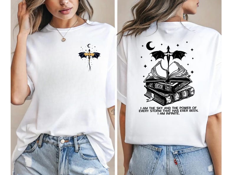 The image is a collage of two photos of a woman wearing a white t-shirt with a dragon design and a quote on the back.