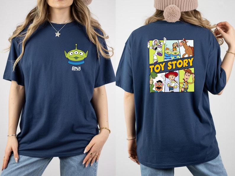 a woman wearing a navy blue t-shirt with a graphic of a character from the Toy Story movie.