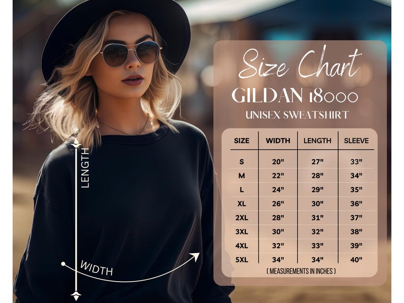 May include: Black unisex sweatshirt with a size chart. The chart shows measurements in inches for width, length, and sleeve for sizes S to 5XL. The sweatshirt is a Gildan 18000.
