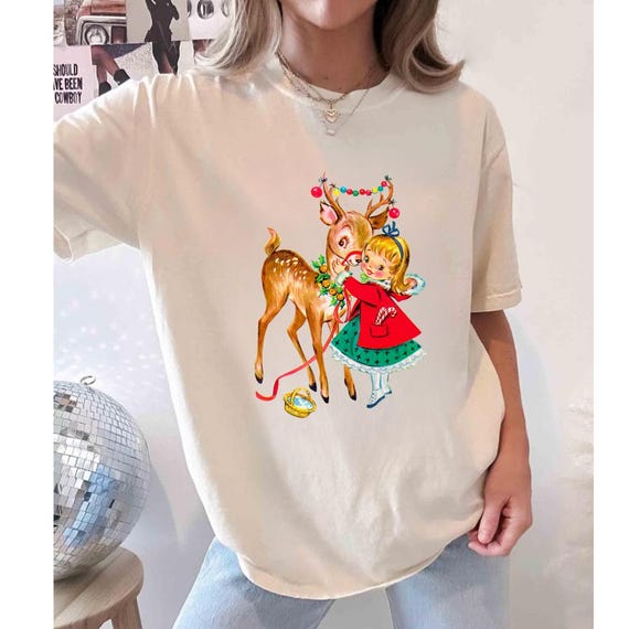 Reindeer and Girl in Red Coat Shirt, Retro Christmas Tee, Girls Cute Holiday Tees, Christmas  Party Tees, Holiday Gifts