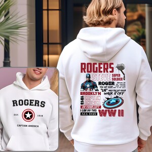 Puede incluir: Sudadera con capucha blanca con un gr&aacute;fico de Captain America en rojo, blanco y azul y el texto "Rogers" en la parte delantera. La parte posterior de la sudadera presenta un gr&aacute;fico de Captain America, el texto "Rogers, Steve, Super Soldier, Roger, You Get Hurt, "Em" Back You Get Killer, Walk It Off, Brooklyn, 1918, Captain America, On Your Left, I Can Do This All Day, WWII" y un escudo rojo, blanco y azul.