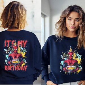 The image is a collage of two photos featuring a woman wearing a blue sweater with a Spiderman graphic and the text "It's my birthday" printed on it.