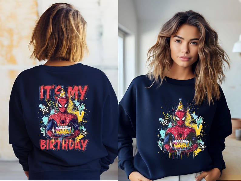 The image is a collage of two photos featuring a woman wearing a blue sweater with a Spiderman graphic and the text "It's my birthday" printed on it.