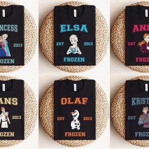 Frozen Varsity T-shirt, Disney Frozen Characters Sweaters, Matching Family Trip Tees, Birthday Tees, Princess Elsa Anna Kristof Hans Olaf image 2