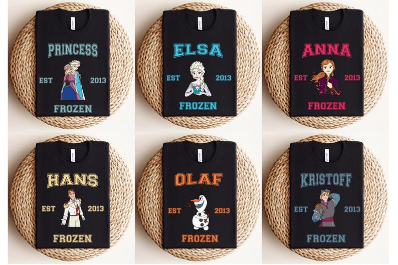 Frozen Varsity T-shirt, Disney Frozen Characters Sweaters, Matching Family Trip Tees, Birthday Tees, Princess Elsa Anna Kristof Hans Olaf image 2