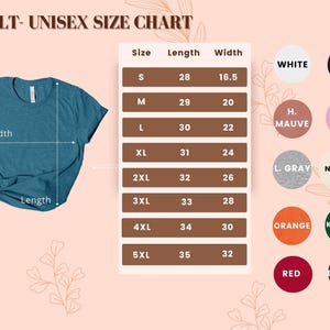 The image is an adult-unisex size chart that provides measurements and corresponding colors for different shirt sizes.