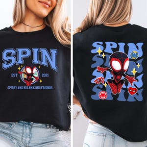 The image is a collage of two photos featuring a woman wearing a black t-shirt with a graphic design of a Spider-Man character.