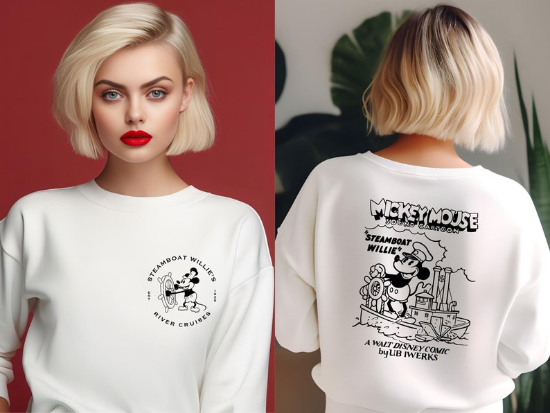 May include: White sweatshirt with a black and white graphic of Mickey Mouse on a steamboat. The text on the sweatshirt reads "Mickey Mouse Sound Cartoon Steamboat Willie A Walt Disney Comic by Ub Iwerks".