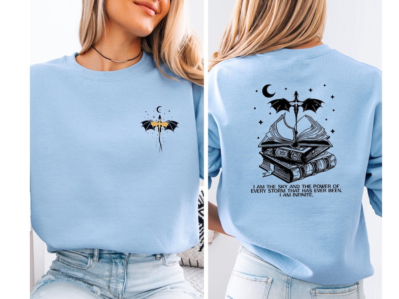 The image is a collage of two photos of a woman wearing a light blue t-shirt with a dragon design and a quote on the back.