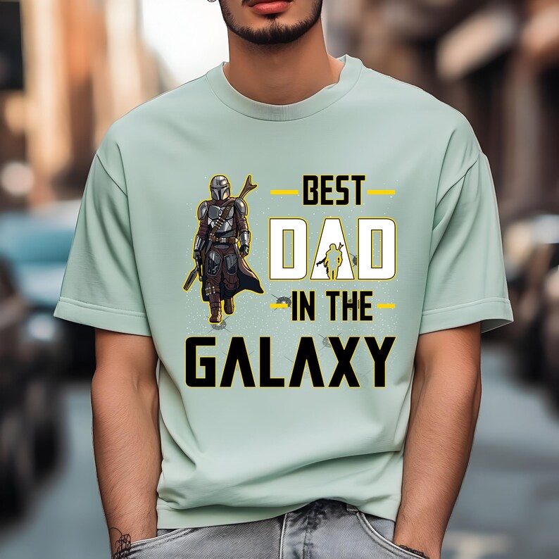 Pu&ograve; includere: T-shirt verde chiaro con la scritta "BEST DAD IN THE GALAXY" in bianco e nero. La maglietta presenta una grafica di un personaggio in armatura con un'arma. La maglietta &egrave; girocollo.