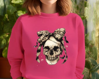 Coquette Bow Skull Halloween Sweater, Women's Funny Halloween Party Hoodie