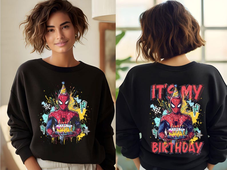 A woman wearing a black sweater with a Spiderman graphic and the text "It's my birthday" printed on the back.