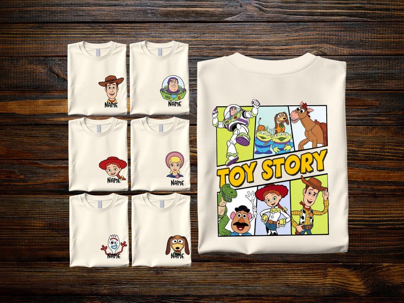 A collection of white t-shirts featuring cartoon characters from the Toy Story franchise, along with a white t-shirt displaying the characters from the Toy Story movie.