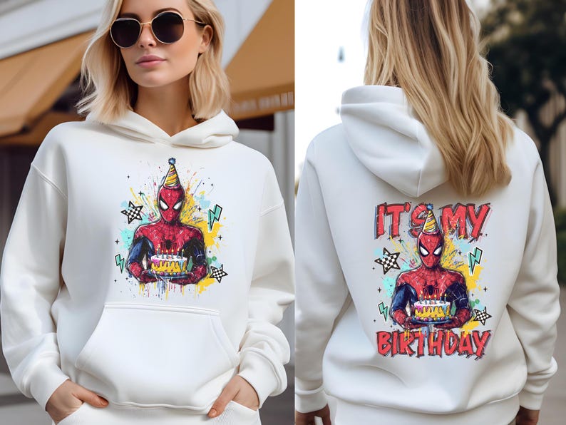 A woman wearing a white hoodie with a Spider-Man graphic and the text "It's my birthday" printed on the back.