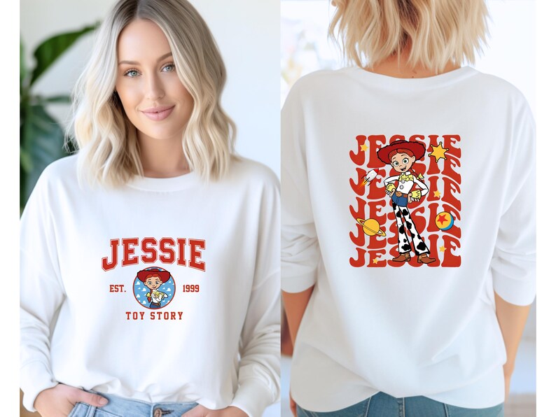 May include: White long-sleeve shirt featuring the name "JESSIE" in red collegiate lettering. The front design includes a cartoon image of Jessie from Toy Story, with "EST. 1999" and "TOY STORY" below. The back displays a larger Jessie graphic.
