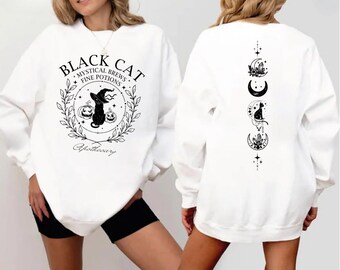 Black Cat Apothecary Sweater, Spooky Witch Cat Halloween Hoodie, Halloween Party Sweaters, Women Black Cat Crewnecks, Witchy Vibes