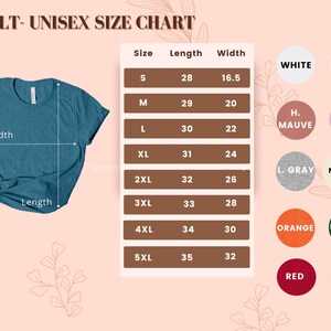May include: A unisex size chart for t-shirts with measurements in inches. The chart shows the length and width of the shirts in sizes S through 5XL. The chart also includes a color key with 10 different colors.