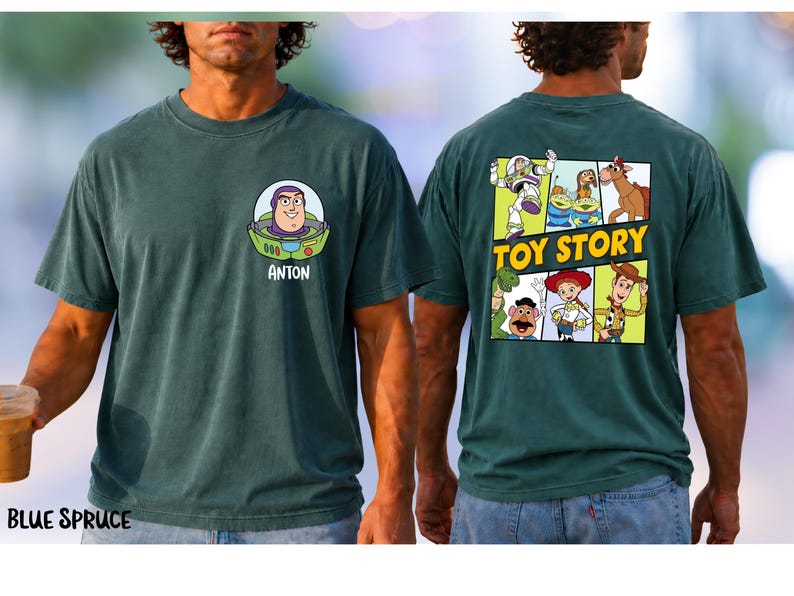 A man wearing a green t-shirt with a cartoon character and the text "TOY STORY" printed on the back.