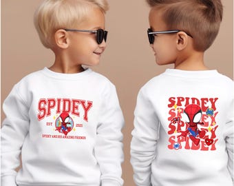 Spidey And His Amazing Friends Sweater, Ghost Spider Hoodie, Disney Comic Shirts, Spidey Birthday Crewneck, Avengers Kids Spidey Sweatshirt