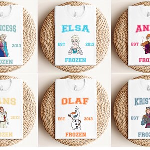 Frozen Varsity T-shirt, Disney Frozen Characters Sweaters, Matching Family Trip Tees, Birthday Tees, Princess Elsa Anna Kristof Hans Olaf image 3