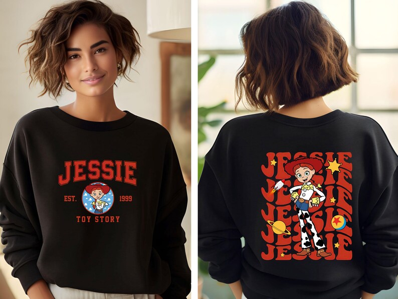 May include: Black sweatshirt featuring the name "JESSIE" in red collegiate lettering, with "EST. 1999 TOY STORY" below. The back displays a retro design of the character Jessie from Toy Story, with her name repeated.