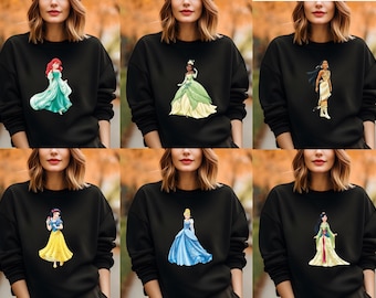 Princess Sweatshirts, Birthday Bachelorette Party Sweaters, Girl Trip, Cinderella Rapunzel Belle Ariel Tiana Aurora Mulan Pocahontas