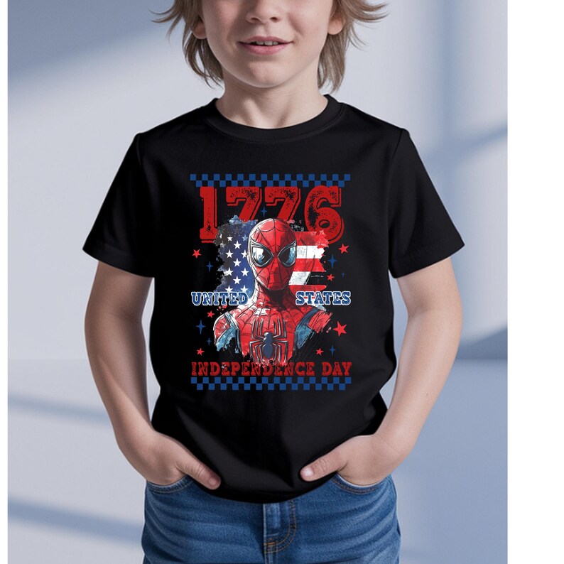 May include: Black t-shirt featuring a graphic of Spider-Man with a patriotic design. The design includes the text "1776", "United States", and "Independence Day" in red and white, with a blue and white American flag.