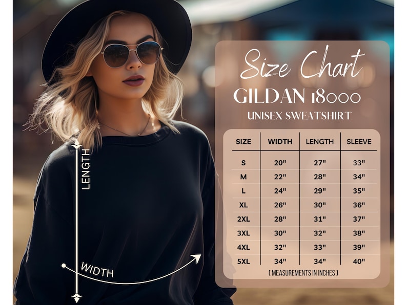 May include: Size chart for a Gildan 18000 unisex sweatshirt. The chart shows measurements in inches for width, length, and sleeve length for sizes S through 5XL.