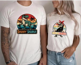 chemises assorties vintage Mamasaurus et Daddysaurus, t-shirts parents dinosaures maman papa dinosaures, papa maman T-Rex, t-shirts film Jurassic Park