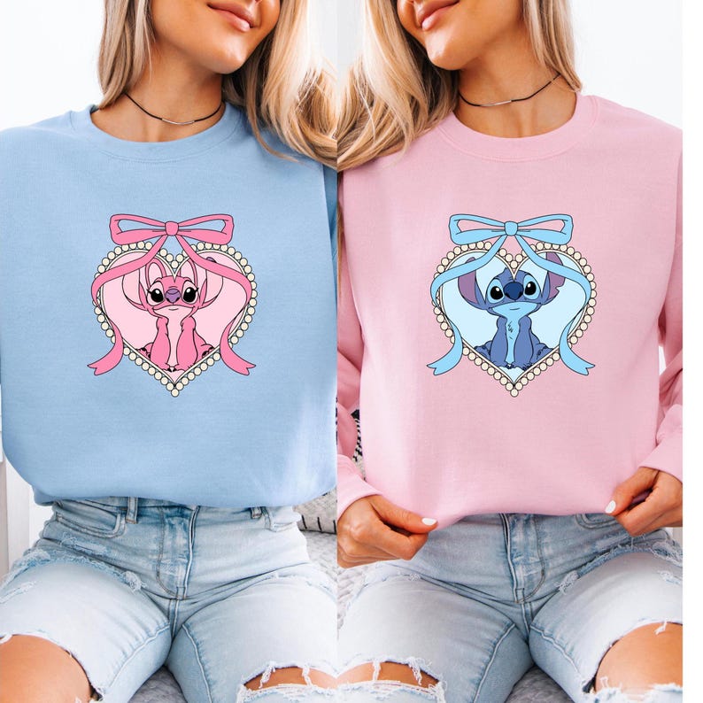 Sudadera a juego Coquette Bow Stitch & Angel, sudadera con capucha Cute Heart Mirror Bow Stitch and Angel imagen 3