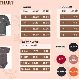 a size chart for various age groups, including youth, toddler, and baby onesie. It provides measurements for different age groups, such as height, width, and length, along with corresponding clothing sizes. The chart also includes color options for each age group, such as natural, black, gray, red, mauve, pink, orange, green, and gray. The chart is designed to help parents and caregivers determine the appropriate clothing size for their child based on their age and size.