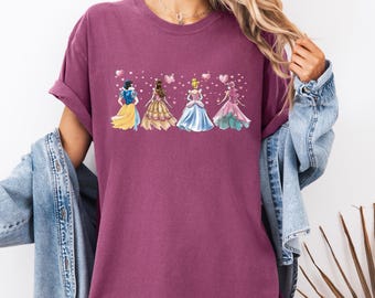 Disney Princesses Shirt, Watercolor Princesses with Balloons, Cinderella Snow White Belle Aurora