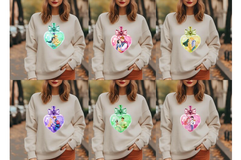 Puede incluir: Seis sudaderas diferentes con un dise&ntilde;o de adorno en forma de coraz&oacute;n que presenta una pareja de una pel&iacute;cula de Disney. Cada sudadera es de un color diferente: verde, rosa, morado, azul, amarillo y naranja.