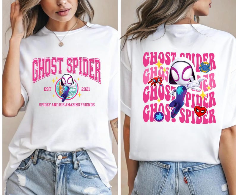 a woman wearing a white t-shirt with a graphic design of a character from the Spider-Man franchise.