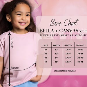 A young girl wearing a pink t-shirt is smiling and posing for a size chart. The chart provides measurements for the t-shirt in inches and centimeters, along with a table of size and corresponding measurements.