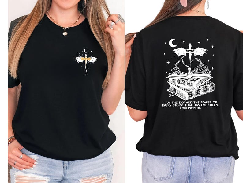 A woman wearing a black t-shirt with a graphic design on the front and back.