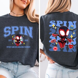 The image is a collage of two photos featuring a woman wearing a gray sweatshirt with a graphic design of a Spider-Man character.