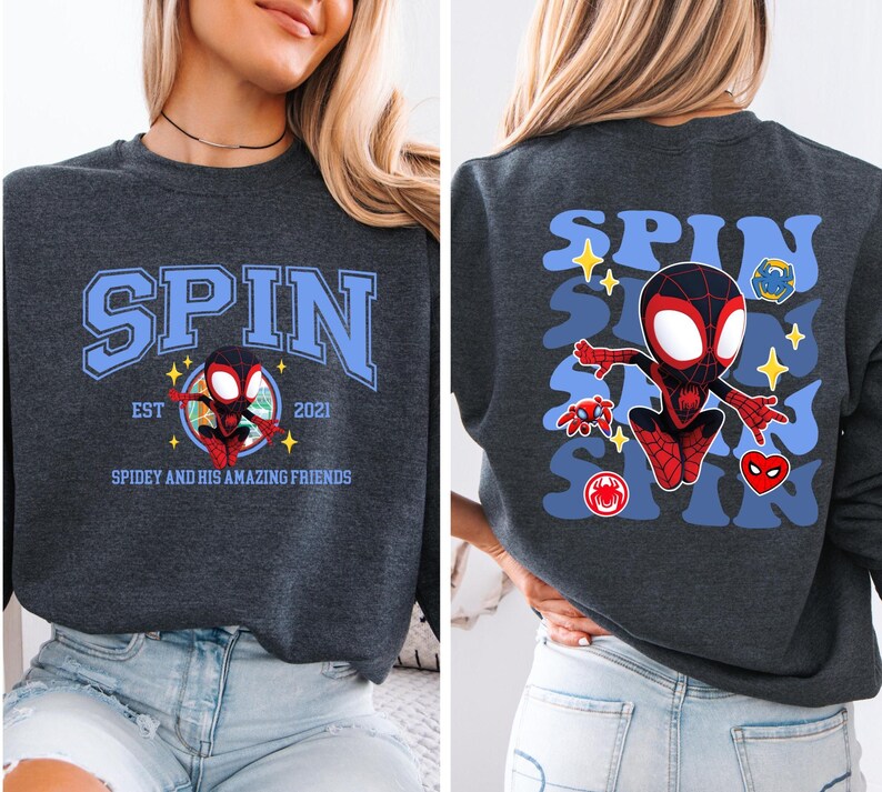 The image is a collage of two photos featuring a woman wearing a gray sweatshirt with a graphic design of a Spider-Man character.