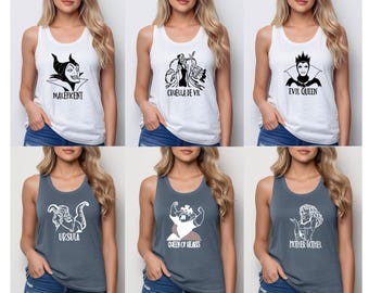 Villains Racerback Tank Tops, Evil Queen Maleficent Ursula Mother Gothel Cruella Queen of Hearts Matching Tanks, Halloween Party Top