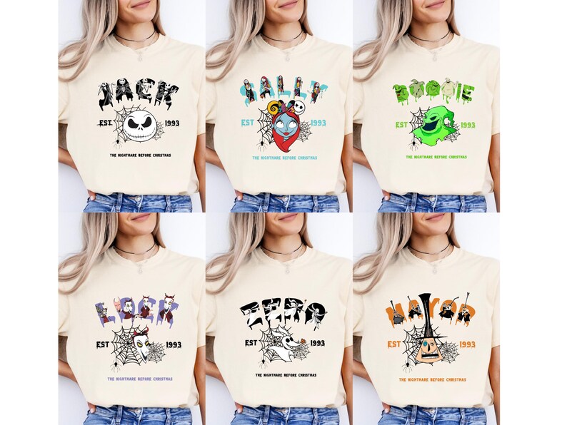 Puede incluir: Camisetas color crema con personajes de "Pesadilla antes de Navidad". Los dise&ntilde;os incluyen a Jack, Sally, Oogie Boogie, Lock, Zero y el Alcalde, con el a&ntilde;o 1993 y telara&ntilde;as. Las camisetas son usadas por una persona.
