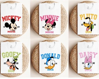 Camiseta universitaria de Mickey y sus amigos, Minnie, Mickey, Pluto, Goofy, Donald y Daisy, camisetas familiares a juego.