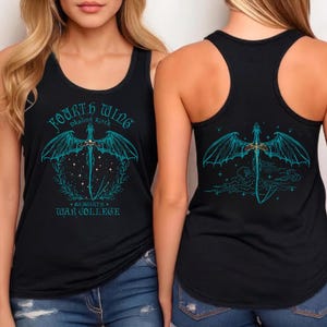 May include: Black tank top with a teal dragon and sword design. The front features the text "Fourth Wing Dragon Rider" and "Basgiath War College". The back of the tank top has a matching teal dragon and sword design.