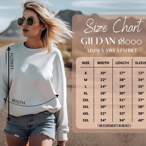 May include: Size chart for Gildan 18000 unisex sweatshirt with measurements in inches for width, length, and sleeve for sizes S, M, L, XL, 2XL, 3XL, 4XL, and 5XL.