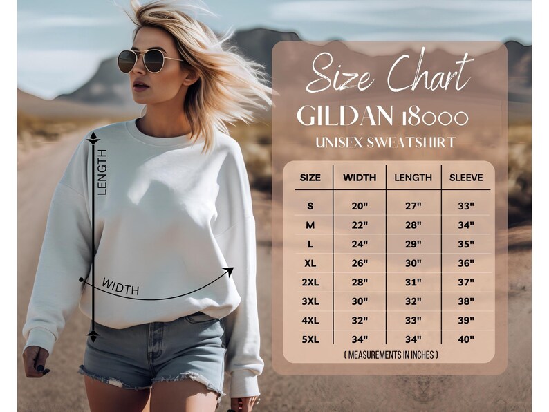 May include: Size chart for Gildan 18000 unisex sweatshirt with measurements in inches for width, length, and sleeve for sizes S, M, L, XL, 2XL, 3XL, 4XL, and 5XL.