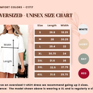 May include: Unisex oversized t-shirt size chart with measurements in inches. The chart shows the length and width of the shirt in sizes S, M, L, XL, 2XL, 3XL, and 4XL. The chart also includes color options: white, black, ivory, pink, bay, pepper, and red.