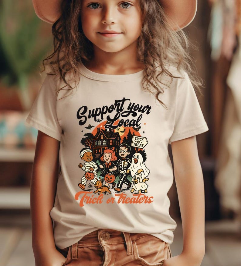A young girl wearing a white t-shirt with a graphic design featuring Halloween-themed characters and text.