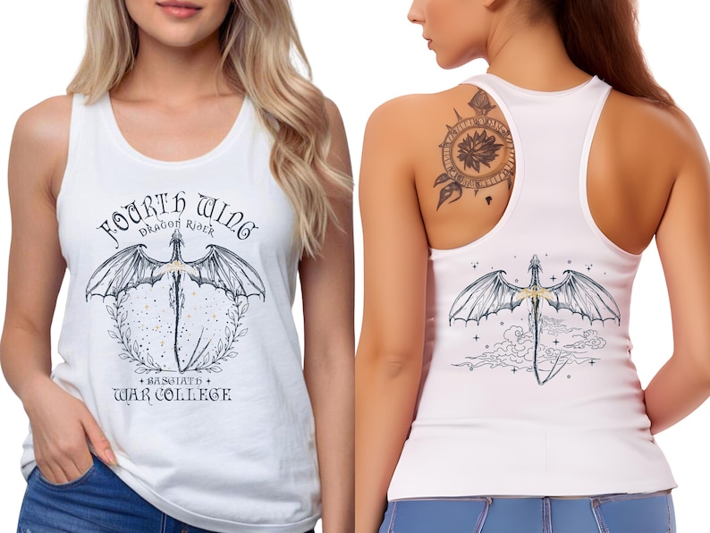 May include: White tank top with a dragon graphic on the front and back. The front design includes the text "Fourth Wing Dragon Rider" and "Basgiath War College". The dragon has outstretched wings and a sword.