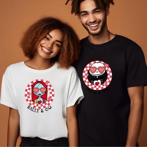 May include: A couple wearing matching t-shirts featuring a checkered background and a cartoon image of Jack Skellington and Sally from The Nightmare Before Christmas. The shirts say "Jack & Co" and "Sally & Co" with hearts.