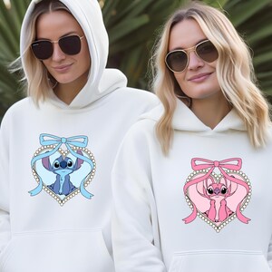 Sudadera a juego Coquette Bow Stitch & Angel, sudadera con capucha Cute Heart Mirror Bow Stitch and Angel imagen 1