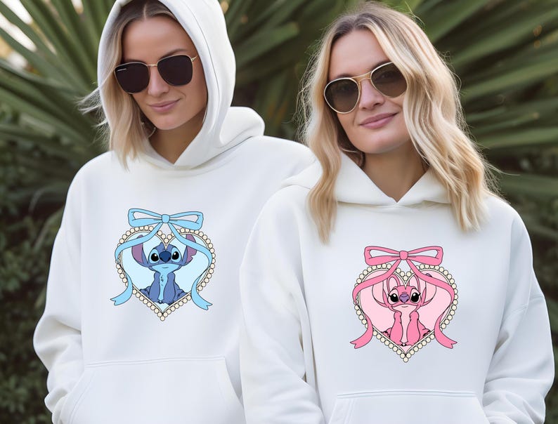 Sudadera a juego Coquette Bow Stitch & Angel, sudadera con capucha Cute Heart Mirror Bow Stitch and Angel imagen 1